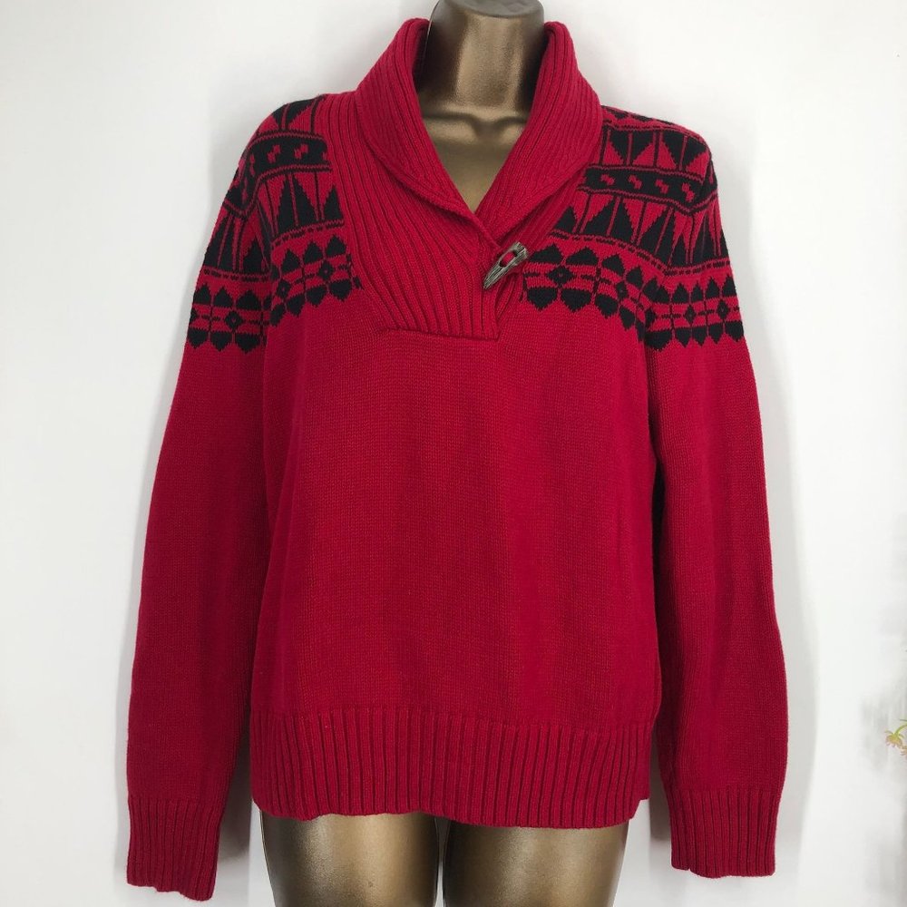 lauren Ralph Lauren red with black print shaw collar sweater long sleeve
